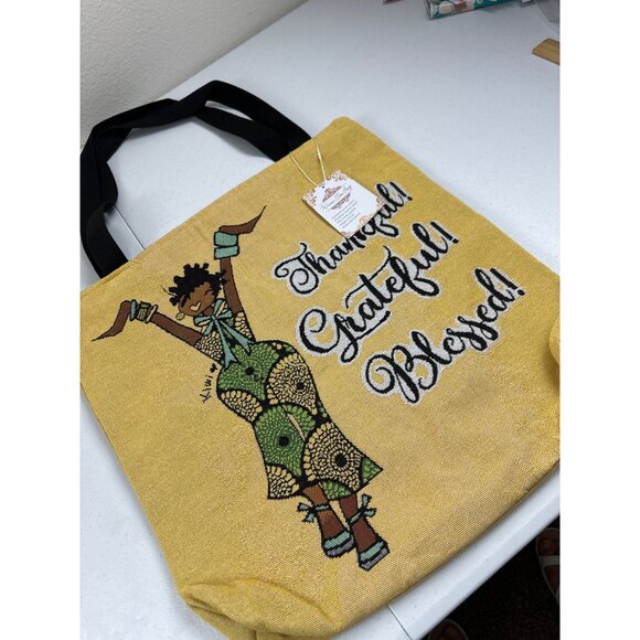 Thankful Grateful Blessed Tote Bag With Black Handles – Large – Yellow & Black - Picture 7 of 11